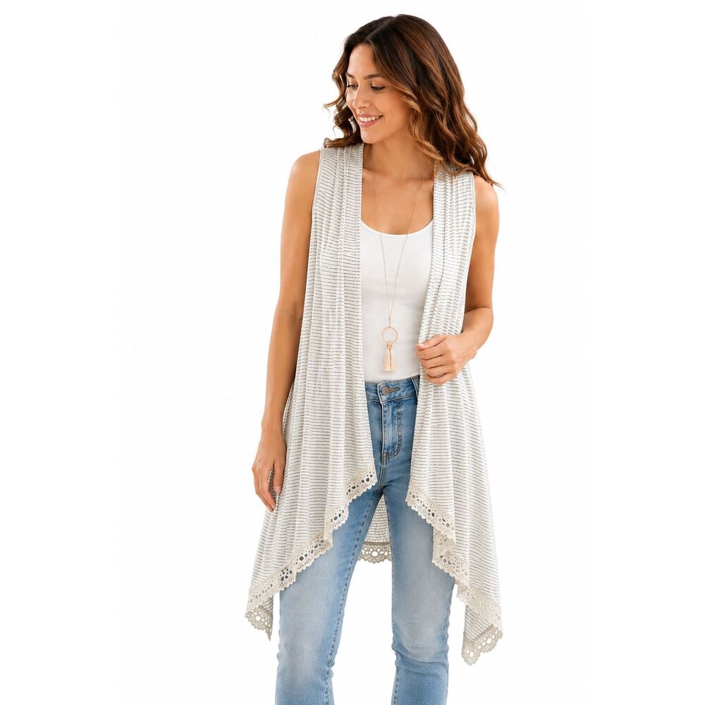 Cato XL Striped Hi-Low Waterfall Kimono Vest Lace Trim Open Front Boho